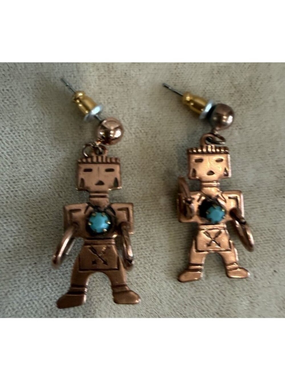 Copper & Turquoise Hopi Earrings Kachina Native American Pierced 1”